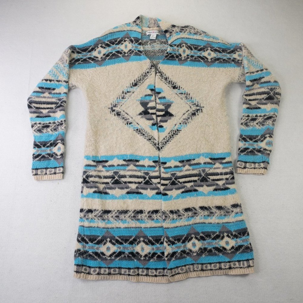 Wearing Your Heart On Your Sleeve Womens Cardigan Medium Blue White Tribal Open